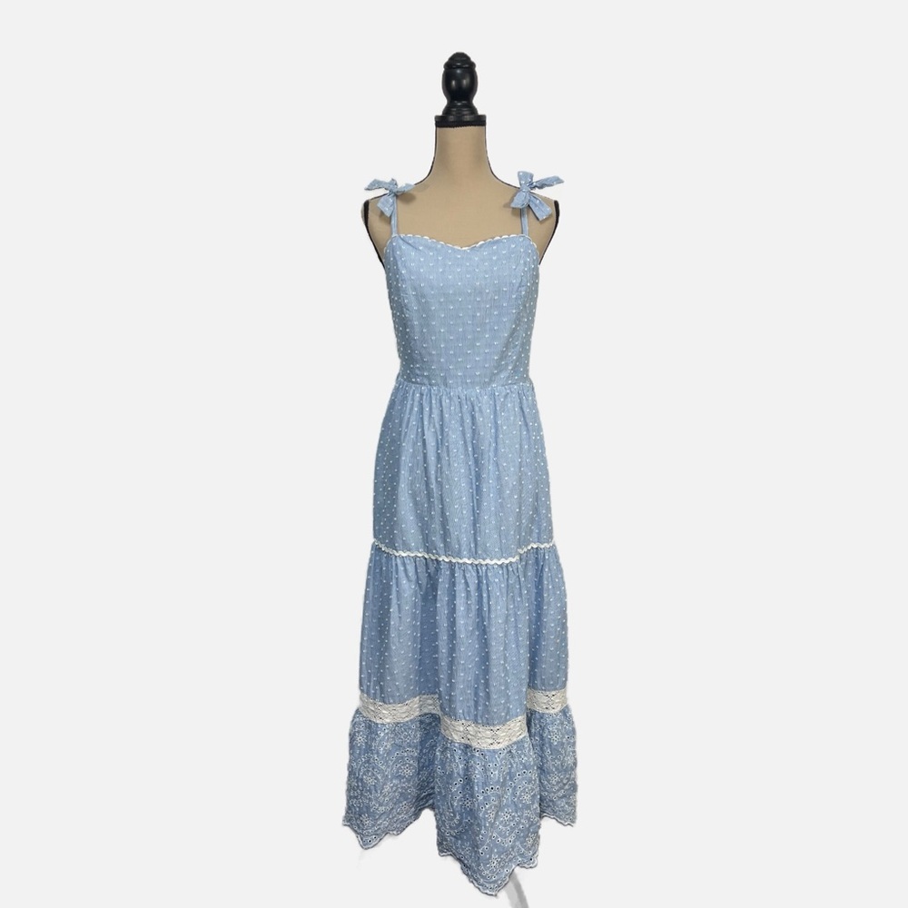 Shabby Chic Blue White Cotton Boho Sundress Tie Strap Tiered Embroidered size 10 - Picture 3 of 10